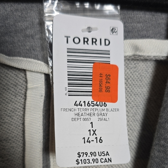 Torrid 1 1X Heather Gray Blazer with White Accents French Terry Peplum Blazer - Picture 9 of 11